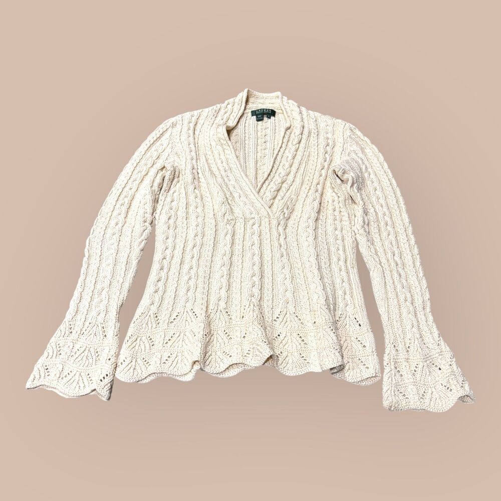 Lauren Ralph Lauren Sweater Womens Medium Ivory Scalloped Fisherman Cable Knit